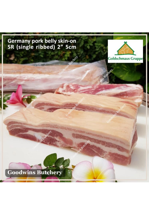 Pork BELLY SKIN ON samcan frozen Germany GOLDSCHMAUS steak cuts 5cm 2" (price/pc 600g)